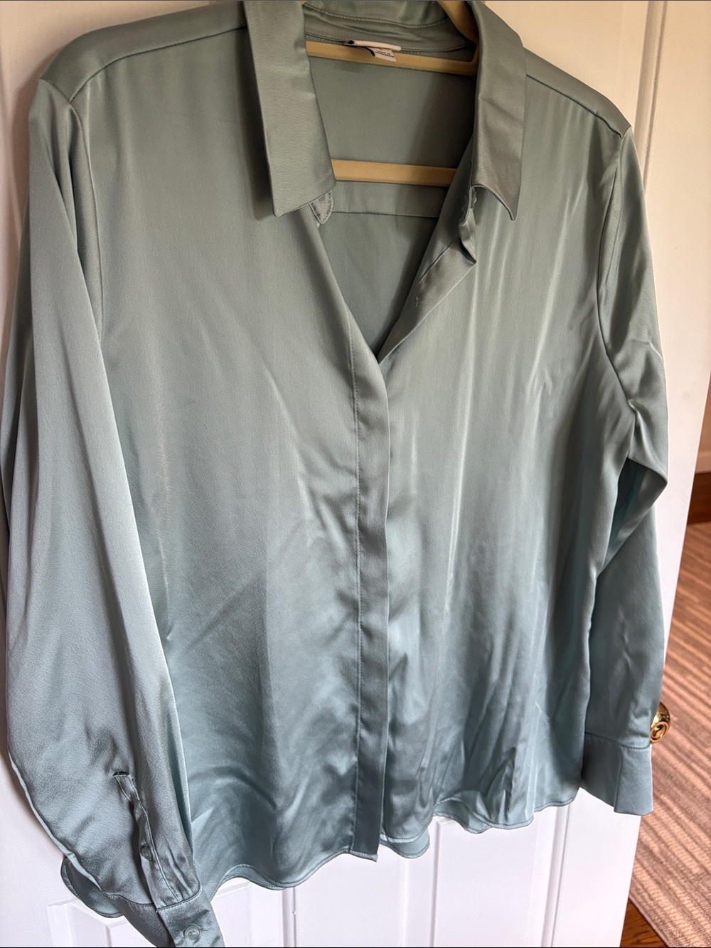 A New Day Seafoam Blue Button-Front Women's Silky Blouse